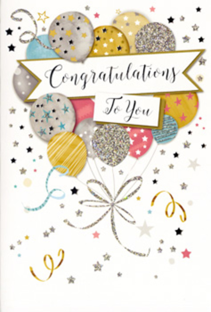 The congratulations card shown here turns a simple rectangle of card into a scene of airy celebration, reminiscent of a joyful gathering in Friern Barnet after good news is shared. In the centre, a cluster of balloons rises in a loose, organic arrangement, their round forms overlapping like petals in a special occasion bouquet. The colour palette is gently luminous: brushed gold, cool silver, soft champagne, sky blue, blush pink, and misty grey, each balloon finished with delicate highlights that suggest a soft, even light passing across the design. Fine metallic patterns decorate every balloon individually-some are sprinkled with tiny stars, others traced with stripes or tiny glitter-like speckles-so that each feels unique, like different moments of happiness captured in one image. Their strings are drawn as elegant gold and silver ribbons, twisting around each other as they extend downward, echoing the movement of curling florist ribbon on a freshly prepared arrangement ready for delivery around Friern Barnet or New Southgate. Around this central bouquet, the pale background is animated with scattered metallic stars, looping streamers, and small dots, all arranged to suggest gentle motion, as if a light breeze is sending confetti swirling past homes near Whetstone or Arnos Grove Underground. Across the middle of the balloon cluster, a soft, flowing banner unfurls. Its edges are outlined with subtle metallic detail, and the message Congratulations To You appears in tasteful, sweeping calligraphy, giving the impression of a thoughtfully handwritten note. The overall mood is one of warm pride and refined festivity, the perfect card to accompany flowers ordered for same-day delivery across Friern Barnet when you want to mark a graduation, promotion, or personal triumph with something both sparkling and graceful.