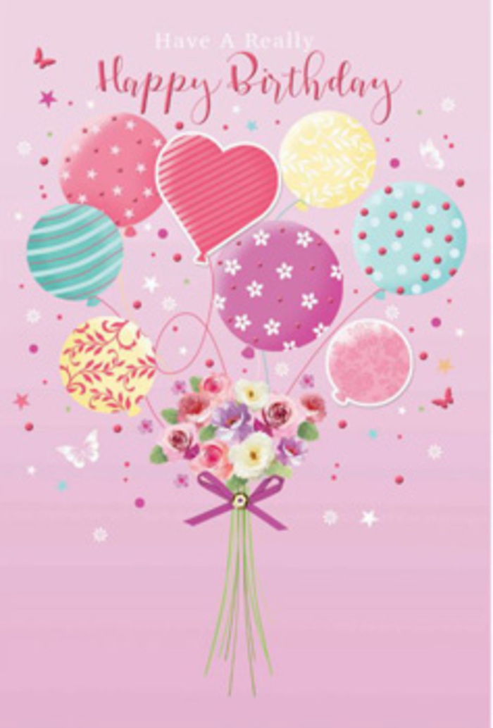 There is a gentle, uplifting joy in this birthday illustration, as if it were inspired by a stroll through Friern Barnet on a bright weekend morning. The background is a soft, even pink, reminiscent of light reflecting off early blossom, and it forms a calm canvas for the floating celebration at its centre. A bouquet of balloons rises gracefully from the middle of the composition, their soft pastel shades blending like a watercolour sky. You can see delicate pinks, sea-spray greens, lavender tones, and mellow yellows, each balloon subtly glossy, as though catching the light from a nearby window. Unique patterns decorate them: some are circled by wavy ribbons, others dotted with playful spots or adorned with fine floral and star motifs that suggest a festive yet refined style. Beneath this airy cluster sits a petite hand-tied bouquet, grounding the whole design. Here, velvet-like roses and daisy-shaped flowers in cream, blush, and muted mauve nestle closely together, their petals gently curving outward. The bouquet feels freshly arranged, as though it has just been finished by a florist in Friern Barnet preparing a birthday delivery to a home near Friern Barnet Lane. The gathered stems are wrapped tightly at the base by a shimmering purple bow, tied with crisp loops and trailing ends that add movement and elegance. Around the main composition, tiny butterflies and star accents drift, like fragments of a dream or confetti caught in a brief gust. The overall impression is of a birthday greeting that is both playful and composed, brimming with affection and the light-hearted charm of expertly imagined florals and balloons.