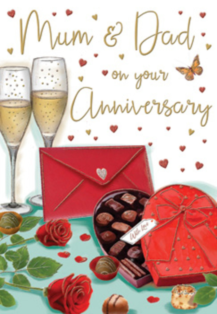 The anniversary card illustration presents a carefully composed celebration scene that mirrors the thoughtful touches often seen in Friern Barnet homes on special occasions. Two graceful champagne flutes rise at the back of the image, their slender stems and gently curved bowls rendered in clear, reflective glass. Each flute holds a measure of pale golden champagne, with fine bubbles drifting upwards, capturing the anticipation of a toast between long-time partners. In front of this sparkling backdrop, two luxuriant red roses rest against a cluster of rich green leaves. Their petals are soft and velvety, layered in deep crimson tones that suggest the freshness and care of blooms recently chosen from a skilled local florist in Friern Barnet. To one side, a striking heart-shaped box of chocolates commands attention. Its bold red shell is tied with a wide satin bow, neatly knotted and falling in soft, elegant folds that resemble the ribbon often used to finish a hand-tied anniversary bouquet. The lid sits open, revealing perfectly aligned chocolates, each one rounded and glossy, with a gentle shine that speaks of indulgence. A few individual pieces lie scattered nearby, as though someone has already started to share them. Close to the roses lies a bright scarlet envelope, sealed and slightly askew-a quiet suggestion of personal, handwritten sentiments meant just for Mum and Dad. The background glows in warm cream and soft gold, dotted with tiny crimson and golden hearts that float around delicately scripted text, lending the card a sense of playful romance. The overall effect is warm, intimate, and celebratory, much like an anniversary evening in Friern Barnet where flowers, champagne, and memory-rich words come together to honour a lasting love.