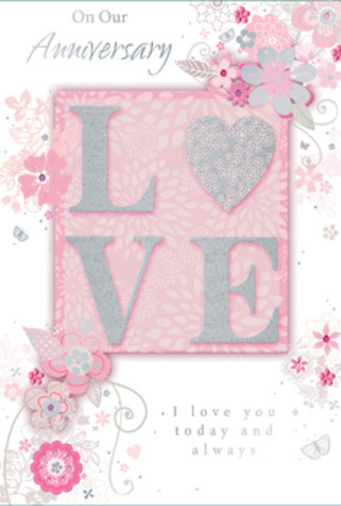 This anniversary card feels as if it has been designed by a florist with a painter's eye, ideal for couples in Friern Barnet who appreciate soft, romantic detail. At the centre of the design, the word LOVE appears in large, capital letters, each one raised above the surface so that it can be clearly felt by touch. The letters are dressed in fine, frosted glitter, blending shades of blush pink, creamy white, and gentle silver. Under a soft light, these accents sparkle like the dewdrops you might notice on early-morning petals in Friary Park. The surrounding background is a smooth field of blush pink, light and airy, providing a calm canvas for the intricate floral artwork that curls around the edges. Stylised blooms, reminiscent of roses and other garden flowers, are drawn with delicate linework, their petals shaded in soft pinks, pale mauves, and muted greys. Slender stems and leaves twine around them, with small swirls and flourishes echoing the natural twists of greenery in a bouquet crafted for a special anniversary dinner at home. Here and there, subtle silver details catch the eye, adding a hint of luxury without overwhelming the gentle pastel scheme. The message I love you today and always, written in graceful, flowing script, is nestled within the composition, its understated typography harmonising with the hand-drawn florals. The overall effect is tender and refined - a card that feels like a paper bouquet, arranged with the same care and sensitivity a Friern Barnet florist would bring to a bespoke anniversary arrangement.