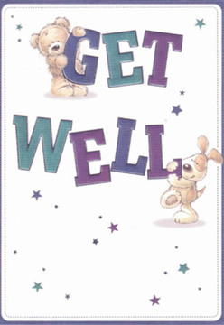 This get well card instantly communicates comfort and emotional warmth, in the same way a fresh bouquet brightens a home in Friern Barnet. The playful scene features a cuddly teddy bear holding onto the arching 'GET' and a lively puppy nudging the bold 'WELL' below-each character radiates optimism, their gentle eyes and rounded forms offering an embrace as reassuring as a neighbourly smile along Woodhouse Road. Deep hues of purple and teal in the text add visual richness, evoking the diverse palette of blooms found in Friern Barnet's local flower stalls. Across the pristine white background, scattered stars glimmer like hopeful notes carried on a gentle breeze through Friary Park. The attention to tactile detail-the bear's plush fur, the puppy's soft, welcoming ears-mirrors the carefully arranged stems in a get well bouquet, each one chosen to lift moods and soothe spirits. The deliberate composition, much like the thoughtful service at Florist Friern Barnet, is aimed at nurturing and encouraging, creating an atmosphere of cleanliness, clarity, and genuine care-perfect for delivering comfort to a friend or loved one throughout Friern Barnet.