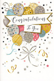 In this image, a tall congratulations card stands as a self-contained moment of festivity, echoing the happy celebrations that often unfold around Friern Barnet when someone achieves something special. At its heart, a rich bundle of illustrated balloons floats upward, their shapes rounded and slightly overlapping in a way that resembles a cheerful balloon bouquet in a shop window on Friern Barnet Road. The colours are soft yet glamorous: metallic gold and silver, pale champagne, sky blue, gentle blush pink, and muted grey, all softly shaded to create a glowing, three-dimensional effect. Each balloon is decorated with its own subtle pattern-tiny twinkling stars, fine stripes, and scattered glitter-like flecks rendered in metallic ink-so they appear to shimmer as though lit by fairy lights over a party table near Whetstone or New Southgate. The strings of the balloons are illustrated as curling ribbons of gold and silver that twist and loop gracefully downward, evoking the feeling of satin ribbon tied around a bouquet delivered to a front door in the local area. Around the central cluster, the background remains light and uncluttered but dotted with small metallic stars, curling streamers, and delicate confetti-like spots that animate the space, suggesting laughter, clinking glasses, and shared congratulations. Cutting across the middle of the balloon bouquet is a softly curved banner with fine metallic edging. On it, the words Congratulations To You are written in flowing, elegant script that feels both sincere and celebratory. The card's overall atmosphere is one of lightness, joyful pride, and quiet sophistication, making it an ideal partner to a beautiful floral arrangement sent anywhere across Friern Barnet, Arnos Grove, or the surrounding tree-lined streets to honour life's proudest milestones.