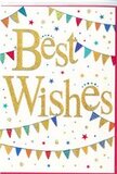 The card in this image offers a bright, joyful way to say Best Wishes, its design as friendly and welcoming as the streets of Friern Barnet on a sunny day. The base is a pure white card, untextured and luminous, allowing every colourful detail to stand out. At the centre, the phrase Best Wishes is written in sweeping golden script, the letters thick and slightly raised, with a glittery or foil-like sheen that catches the eye. The gold has a warm tone, more like polished sunlight than brassy metal, and the curves of each letter feel intentional and expressive, as if penned by hand for a special occasion. Arcing above and below this central message are lengths of decorative bunting, giving the impression of festive strings hung between trees for a local party near Friary Park or along a quiet street just off Friern Barnet Road. Each tiny triangular pennant carries its own character-some in deep blues, others in bright reds, fresh greens, or sunny yellows-layered with playful designs such as stripes, polka dots, and small geometric motifs. The bunting frames the golden words in a gentle, celebratory embrace. Around these main elements, a sprinkling of miniature stars and dots drifts across the white space like airborne confetti. The stars vary from sharp, starburst shapes to softer glimmers, while the round dots appear in complementary colours, scattered in a way that feels spontaneous rather than regimented. The overall effect is one of light-hearted festivity and genuine warmth, ideal for congratulating someone on a new job, a move, or exam success in and around Friern Barnet. It is easy to imagine this card nestled amongst fresh flowers from Florist Friern Barnet, carrying its glowing message of encouragement and happiness alongside the colour and scent of the blooms.
