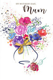 Delicate yet vibrant Mother's Day card artwork portraying a free-spirited bouquet, painted as though the artist has translated a florist's creation directly into watercolour. The flowers glow in tones of deep pink, cerise, and magenta, softened with blush and apricot highlights, while cooler notes of blue and lavender weave between the blooms, giving the design depth and calm. Loose indigo outlines and scattered strokes of green hint at stems and leaves, allowing the eye to imagine lush foliage without strict detail. Fine lines and small accents of shimmering gold pick out the contours of select petals and the curve of the vase, echoing the subtle sparkle of gift wrap on a freshly delivered bouquet arriving in Friern Barnet. The vase itself is gently suggested with soft, rounded washes of colour, finished with a slim golden bow that evokes satin ribbon tied with care. All of this sits against a clean white background, where playful splashes of paint and faint heart shapes drift around the arrangement like petals in the air. The overall feeling is airy, joyful, and affectionate, like a whisper of thanks or a warm embrace, making this card a fitting companion to a hand-crafted floral gift sent to celebrate Mother's Day in Friern Barnet and the surrounding North London neighbourhoods.