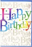 The photograph features a colourful birthday card whose front cover looks like a snapshot of pure celebration, the kind you might find on a cheerful mantelpiece in Friern Barnet. At the heart of the design is the phrase Happy Birthday, spelled out in large, friendly letters that sweep across the card in a glowing rainbow of colour. Each letter melts from one hue to the next-deep red into fiery orange, then bright yellow into verdant green, cool turquoise, sapphire blue and warm violet-creating a sense of movement and joy, like festive banners fluttering over nearby North Finchley on a party day. The letters seem slightly embossed, with a soft sheen that would catch the light as the card is turned in someone's hands. Behind this striking message, the background is a smooth, creamy white layered with fine gold writing that repeats Happy Birthday to you in delicate cursive. The script weaves in gentle, looping lines, more like a decorative pattern than text meant to be read word for word, and its metallic ink responds to the light with a subtle shimmer similar to the glow of evening lights along Friern Barnet Lane. Scattered around the main lettering, tiny specks and star-like shapes of colour suggest confetti mid-air or sprinkles on a celebratory cake. The composition feels both playful and polished, as if designed to complement a fresh, vibrant bouquet delivered locally across N11 and the neighbouring Whetstone area. The card captures the emotional tone of a birthday perfectly: bright, upbeat, and threaded through with quiet, heartfelt warmth.