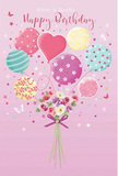 This pastel birthday scene feels like a joyful echo of celebrations around Friern Barnet, captured in balloons, blossoms, and soft colour. A gentle pink background envelopes the entire design, warmly framing a cluster of floating balloons that seem to hover in mid-air. Their hues range from powdery pink and lavender to cool sea green and mellow yellow, all blended with a painterly softness. Some of the balloons are smooth and round, patterned with candy-like stripes; others are dotted with polka spots or scattered starbursts, while one leans into a subtle heart shape, radiating affection at the centre. The balloons gather just above a compact hand-tied bouquet, giving the impression that the flowers themselves are lifting the party skyward. Nestled below, creamy roses and anemone-like blooms in blush and mauve cluster together, their petals feathery and layered, suggesting the touchable texture of fresh, well-conditioned stems. The stems are neatly bundled and finished with a violet satin bow, its sheen adding a graceful flourish to the base of the design. Around the composition, small butterflies and stars drift lightly, evoking confetti in slow motion, as you might see floating above a birthday table set near Friary Park. The entire artwork balances whimsy with elegance, capturing that quiet thrill of receiving a beautifully designed birthday card or floral surprise in Friern Barnet - something that feels personal, thoughtfully crafted, and full of soft, uplifting colour.