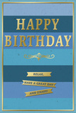 A stylish birthday card in calm shades of blue with refined gold detailing sits ready, as if placed beside fresh flowers on a Friern Barnet dining table before the guests arrive. The background is built from broad, horizontal stripes that fade gently from a deep, steady navy at the lower edge through cooler mid-blue and teal to a lighter, almost sky-coloured blue near the top, creating a harmonious ombré effect that feels soothing and expansive, like a clear day over nearby Brunswick Park. At the heart of this layered backdrop, the words HAPPY BIRTHDAY are stamped in bold, capital letters of metallic gold. The embossing makes the letters slightly raised, and the gold finish gives them a soft, warm shimmer, catching light in a way that is elegant rather than showy. Directly underneath the main greeting, a delicate golden flourish stretches horizontally, its graceful loops reminiscent of classic calligraphy or the decorative line on a carefully written card. Below this flourish, three narrow gold banners are neatly arranged, each banner bearing part of a friendly message: Relax, have a great day and enjoy! These banners share the same embossed, reflective gold as the main text, standing out distinctly against the velvety, matte texture of the blue stripes behind them. A fine gold border runs around the very edge of the card, framing the design and giving it a finished, carefully considered look. The overall impression is one of gentle, thoughtful celebration, perfectly suited to accompany a locally arranged birthday bouquet from Florist Friern Barnet, delivered to someone who deserves a peaceful, joy-filled day.