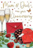This anniversary card artwork feels like a lovingly arranged still life, the kind of scene that might unfold on a Friern Barnet dining table when the day's bustle has quieted and it's time to celebrate Mum and Dad. Two tall champagne flutes anchor the composition, their slim forms painted in clear, catching glass. Each is filled with a light golden champagne, tiny bubbles suspended mid-rise as if waiting for the gentle clink of a shared toast. In the foreground, two sumptuous red roses lie across a swathe of glossy green foliage. Their velvety petals, layered in rich shades of crimson, appear freshly opened-a detail that echoes the care and quality you'd expect from a local Friern Barnet florist preparing an anniversary bouquet. To the side, a heart-shaped box of chocolates adds a touch of indulgence. Its surface is a vibrant, almost lacquered red, cinched with a wide satin ribbon tied into a generous bow whose loops and tails curl softly. The lid is set open to reveal neat rows of smooth truffles, while a couple of chocolates have been placed casually on the tabletop, hinting at shared, unhurried moments. Near the roses sits a bright scarlet envelope, sealed and inviting, hinting at handwritten words filled with gratitude and affection. The background is softly illuminated in warm, creamy tones, scattered with delicate gold and crimson hearts that dance around the hand-lettered message to Mum & Dad. Altogether, the image conveys the gentle warmth of an anniversary evening in Friern Barnet-intimate, romantic, and enriched by the simple pleasures of flowers, chocolate, champagne, and heartfelt words shared between two people who have built a life together.